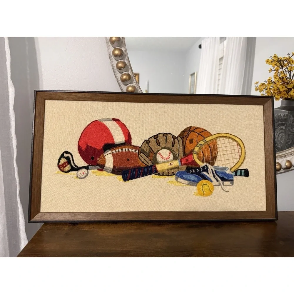 Vintage Crewel Embroidery Sports Wall Art Football Baseball Tennis Framed